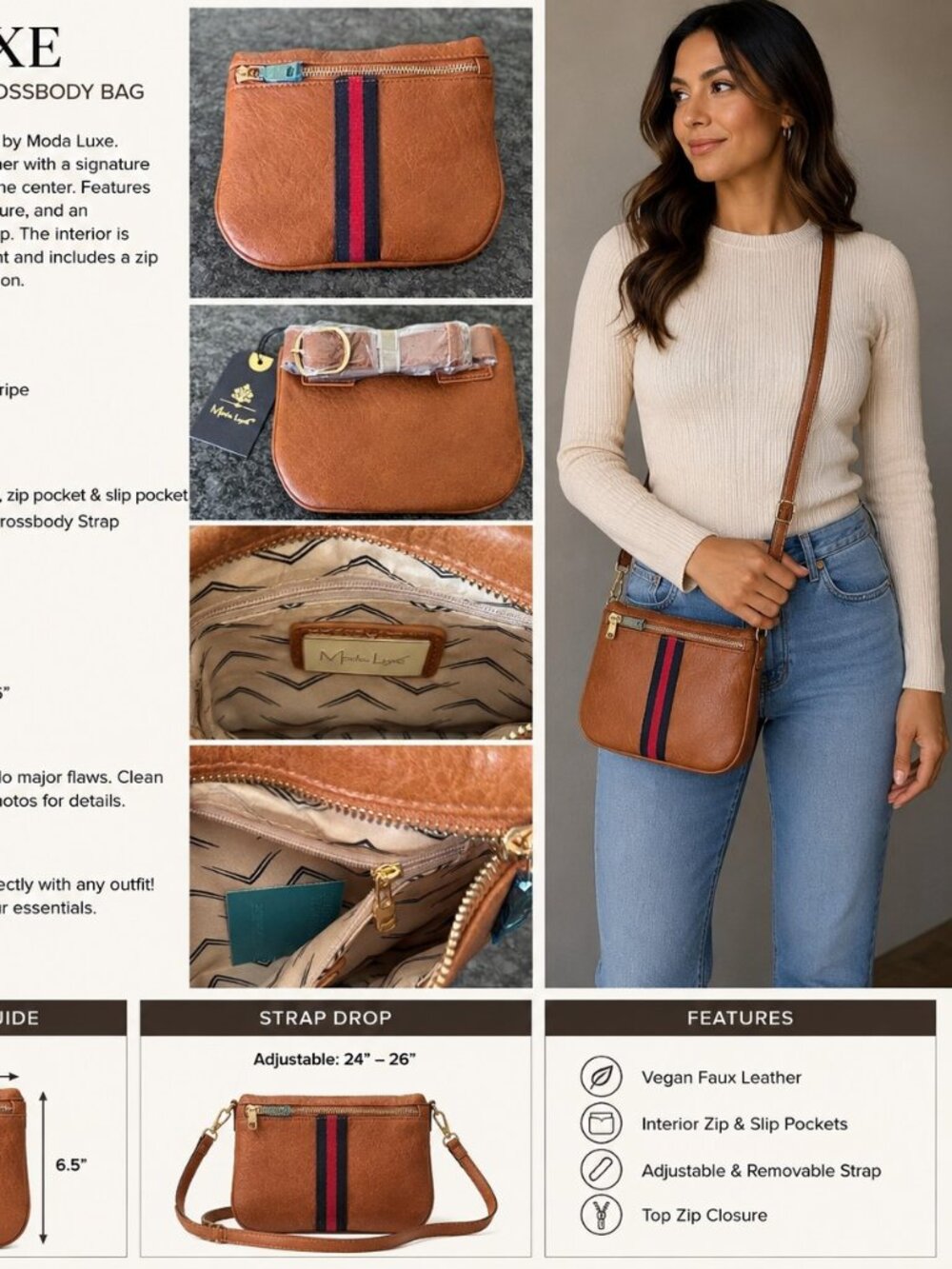 Moda Luxe Brown Faux Leather Crossbody Bag | Navy & Red Stripe | NWT's